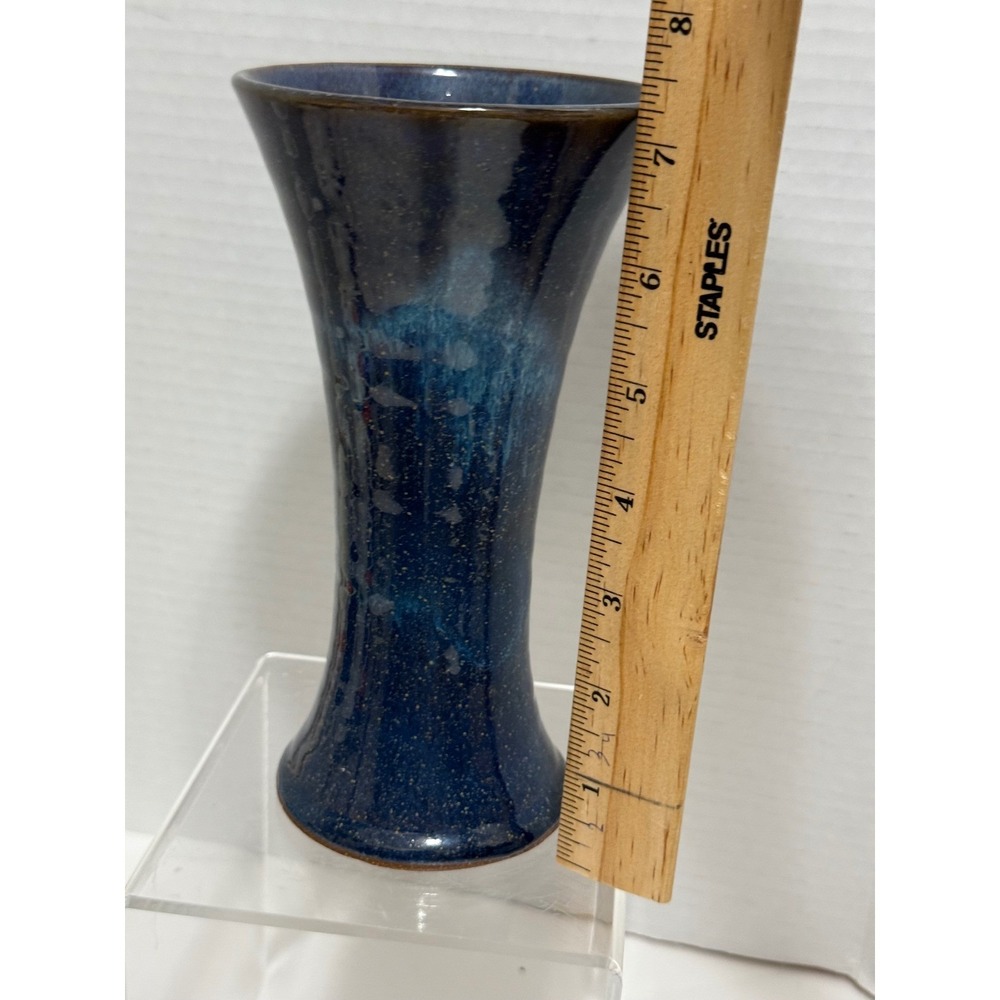 Signed Studio Pottery Flared Trumpet Vase Blue Black Drip Glaze 2006 7.5 Inch - Picture 4 of 9